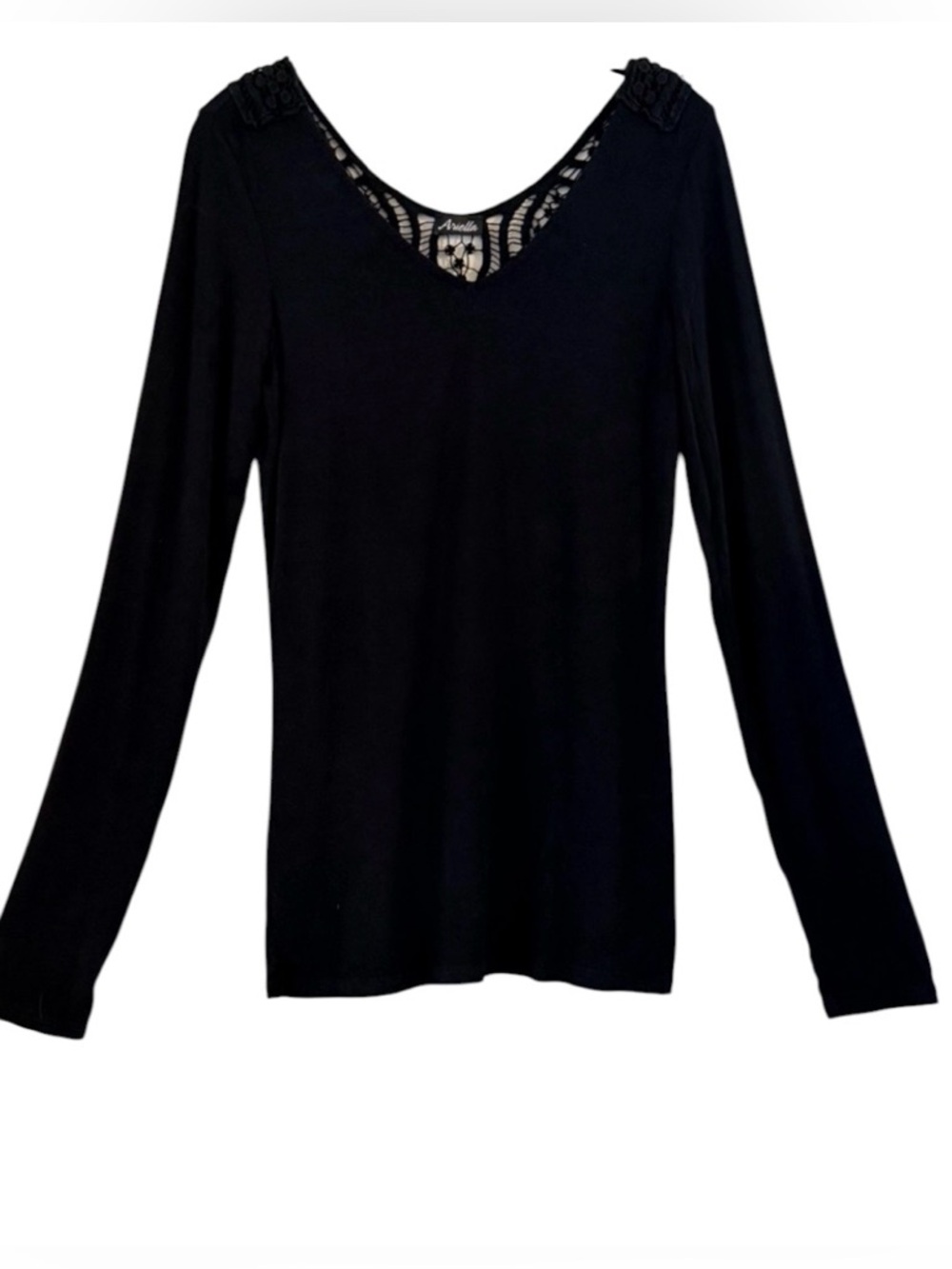 Ariella Black Long Sleeve Studded Crochet Lace V-Back Studs Medallion Top L